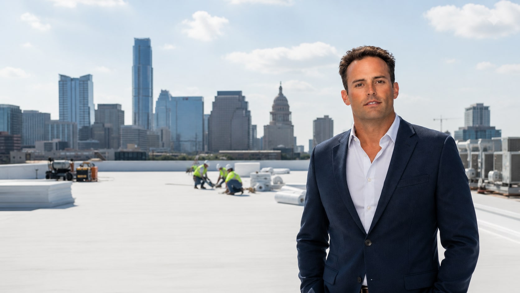 Matt Miller standing on a commercial rooftop with a city skyline behind him.