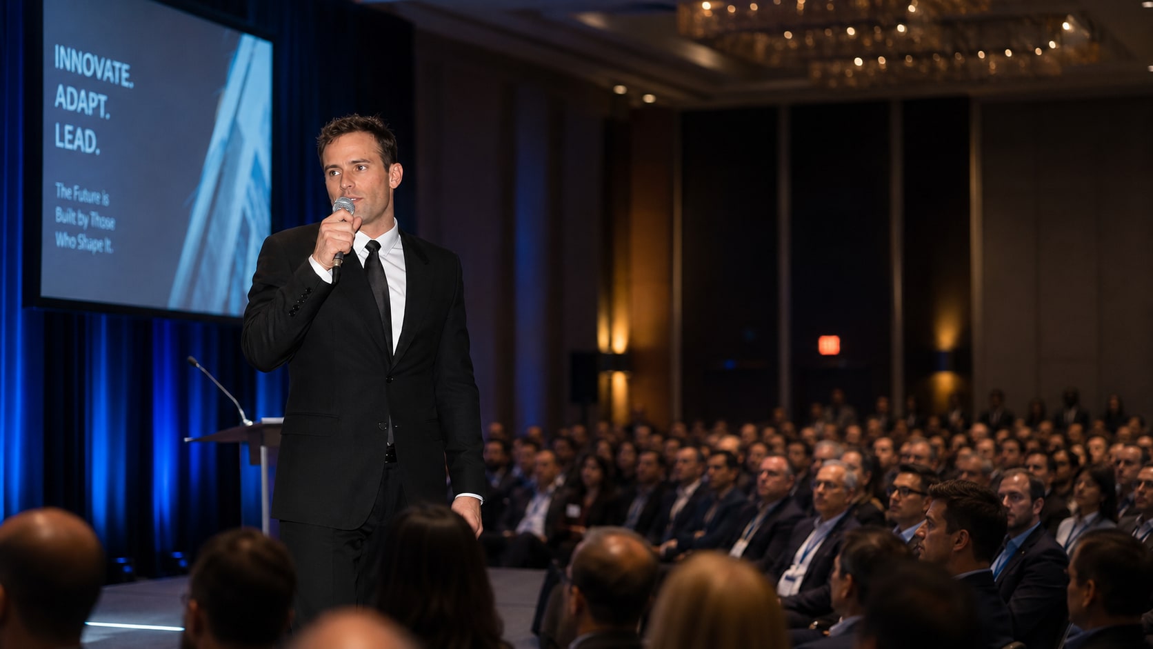 Matt Miller speaking on stage to a conference audience.