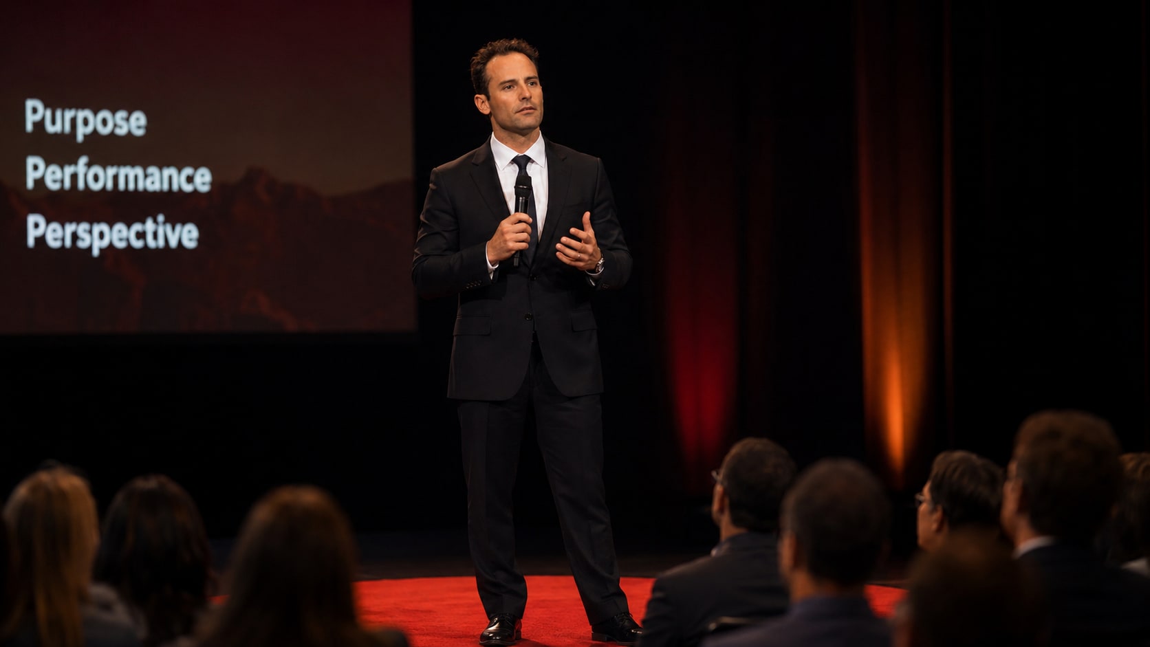 Matt Miller speaking on stage with a presentation slide reading Purpose, Performance, Perspective.